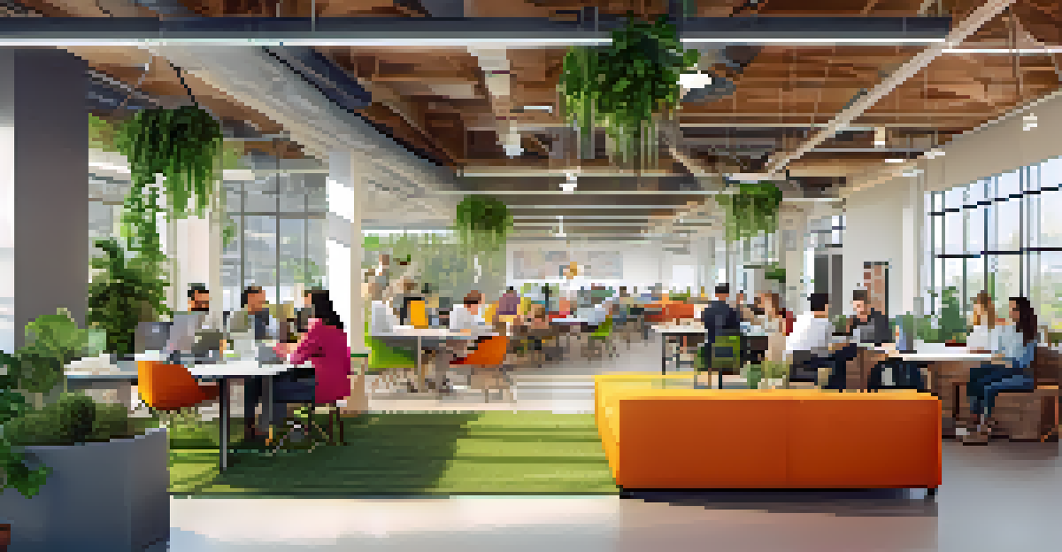 A bright and colorful open workspace with employees gathered in small groups brainstorming ideas, surrounded by plants and comfortable seating.