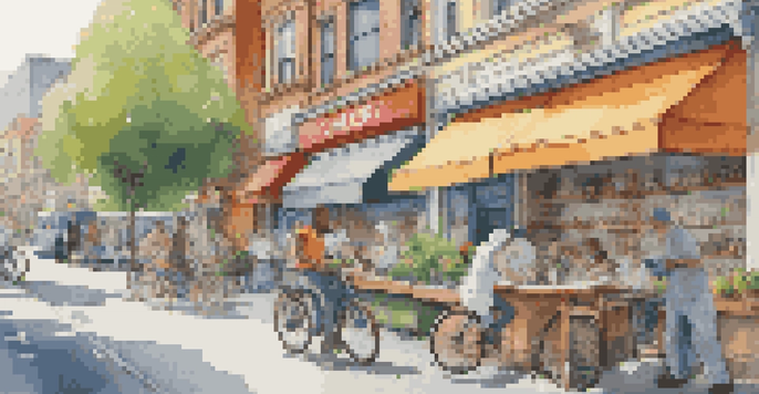 A lively city street with people performing different jobs, including a barista, a tech worker, a delivery person, and a healthcare worker, under bright sunlight.