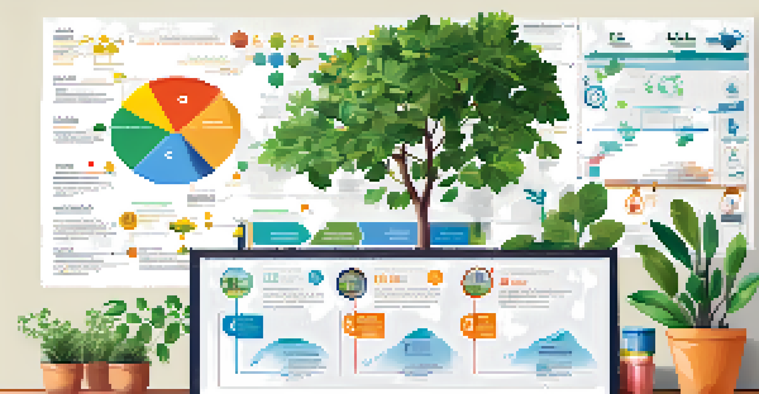 A colorful infographic on a wall outlining career goals, skills, and experiences, surrounded by greenery.
