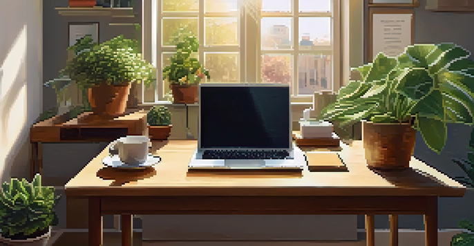 A warm and inviting workspace with a laptop, notebook, and coffee, illuminated by sunlight, surrounded by plants and motivational quotes.