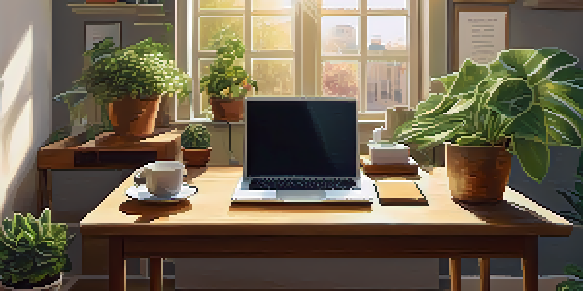 A warm and inviting workspace with a laptop, notebook, and coffee, illuminated by sunlight, surrounded by plants and motivational quotes.