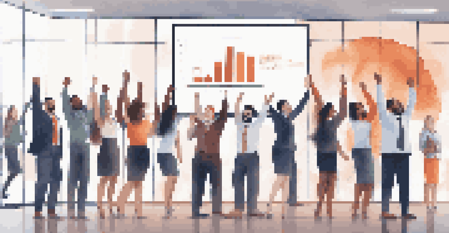 A digital screen displaying a bar graph of progress in diversity training, with diverse employees celebrating in a modern conference room.