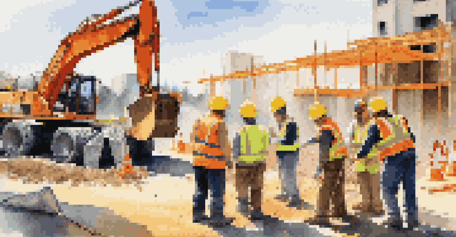 Construction workers participating in a safety drill outdoors, wearing hard hats and safety vests in a bright environment.