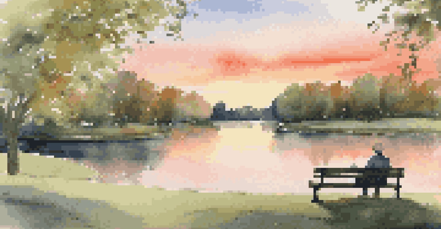 A person reading a book on a bench in a park at sunset, surrounded by trees and a pond.