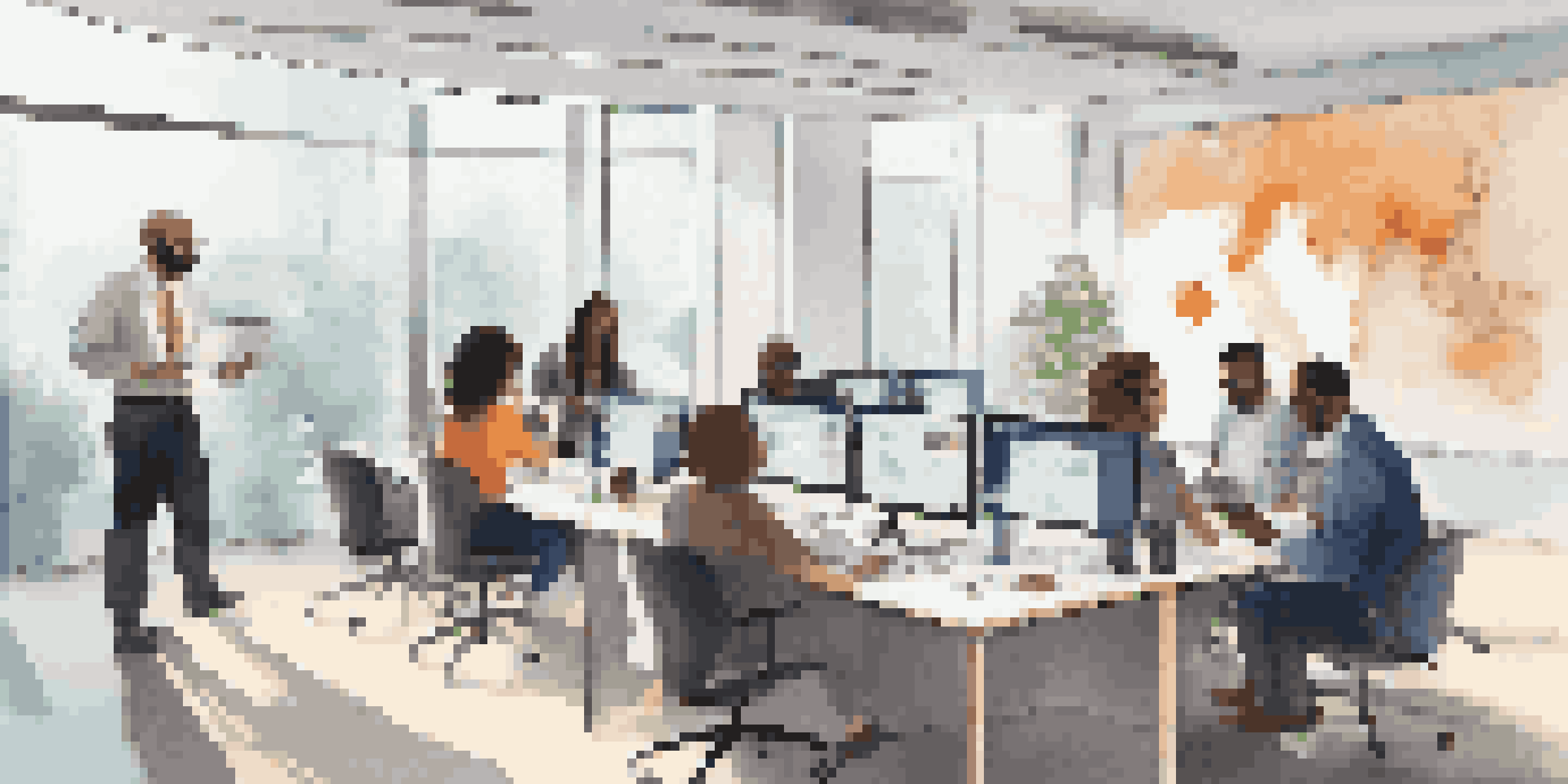 A diverse group of professionals engaged in a virtual networking session in a bright, modern office.
