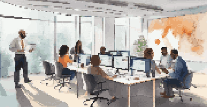 A diverse group of professionals engaged in a virtual networking session in a bright, modern office.