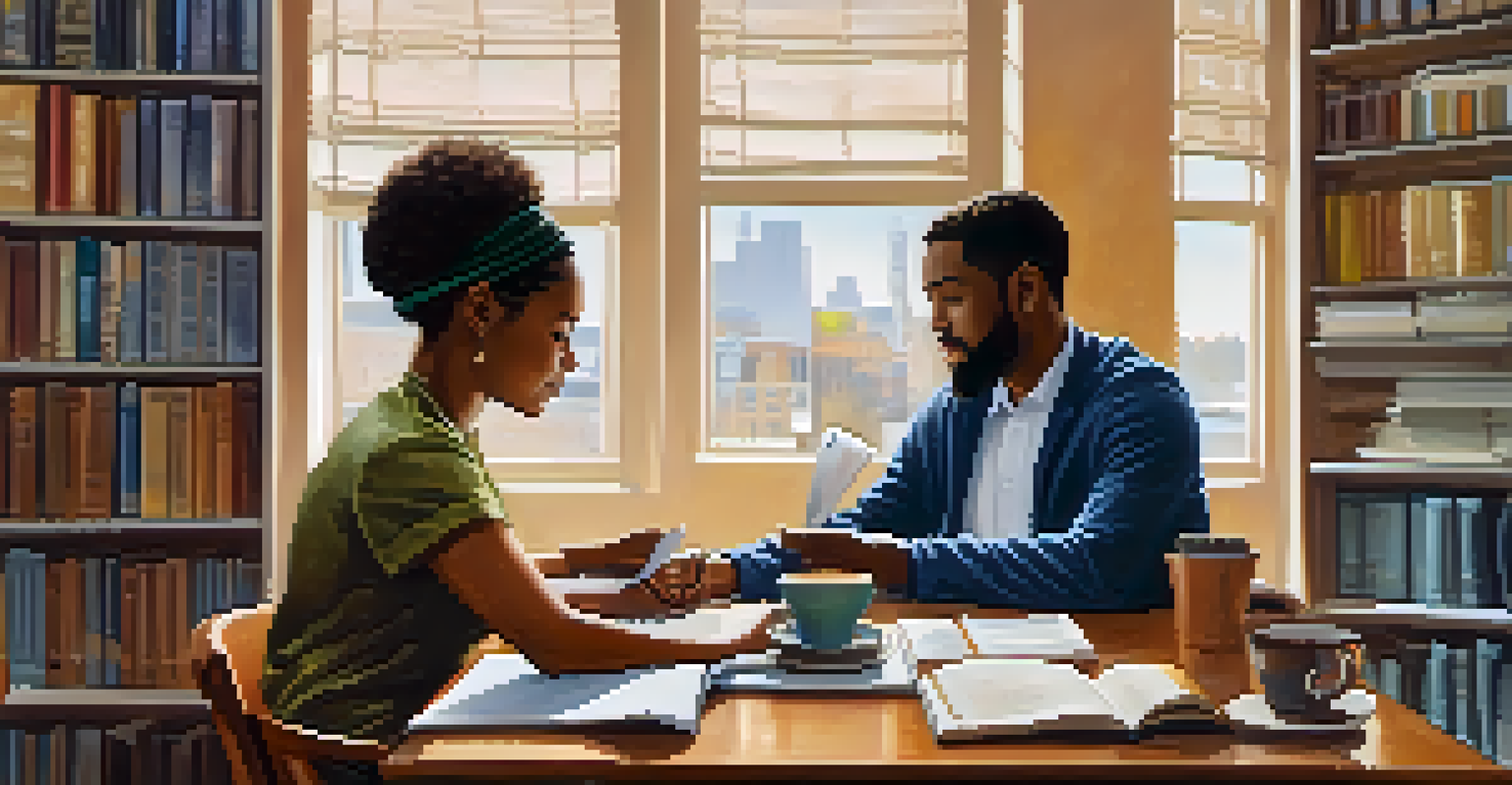 A mentoring session between two employees of different backgrounds, discussing and sharing insights over coffee in a comfortable office setting.