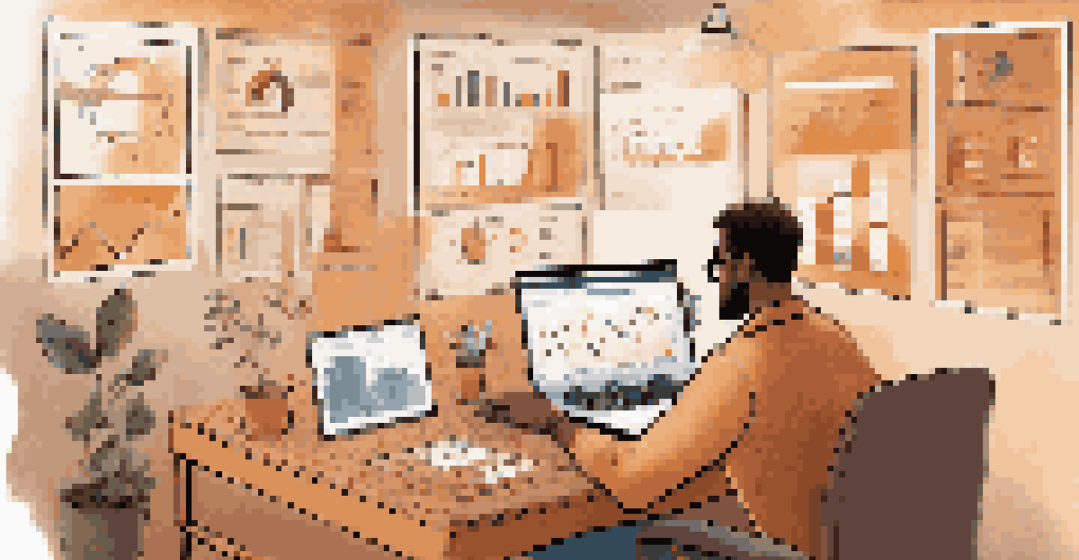 A project manager working on a laptop with data analytics tools, surrounded by charts and graphs in a cozy home office.