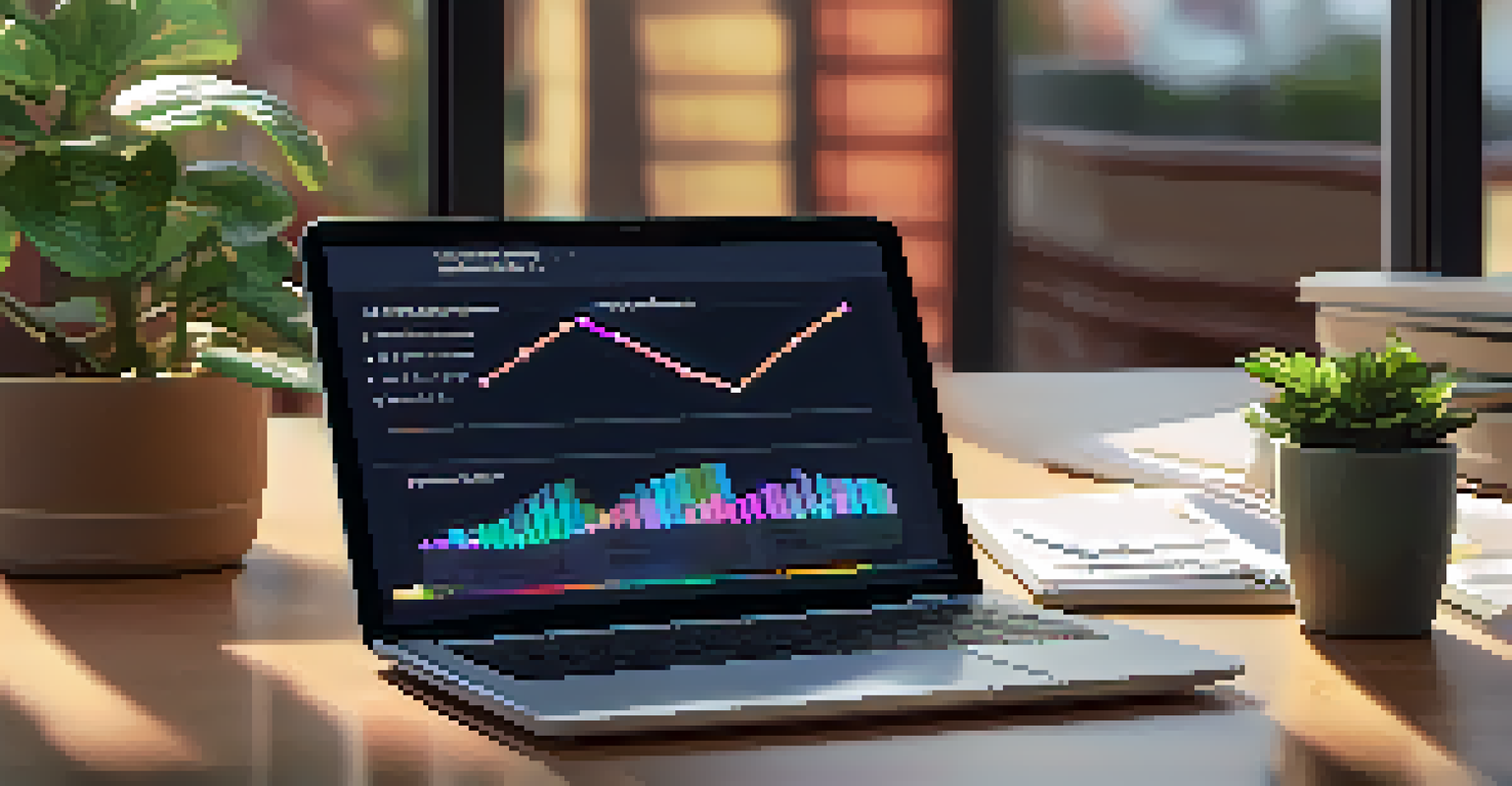 A close-up of a laptop screen showing a digital survey with colorful graphs in a cozy workspace with a plant and coffee mug.
