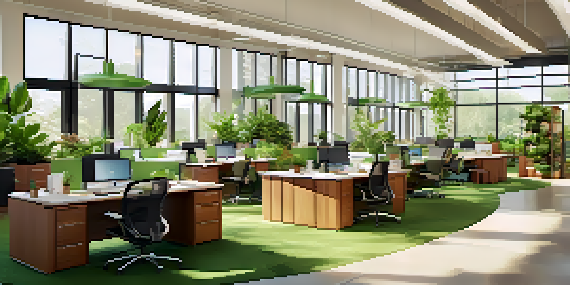A diverse group of employees working together in an eco-friendly office filled with plants and natural light.