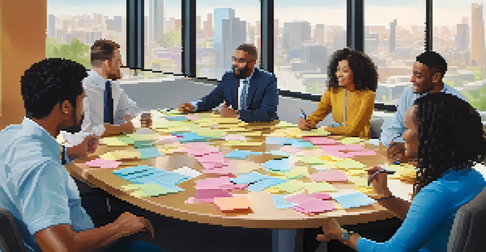 A diverse group of employees discussing workplace culture at a conference table, with charts and sticky notes visible.