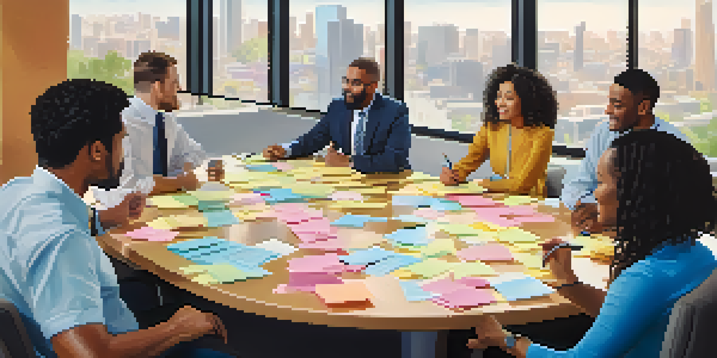 A diverse group of employees discussing workplace culture at a conference table, with charts and sticky notes visible.