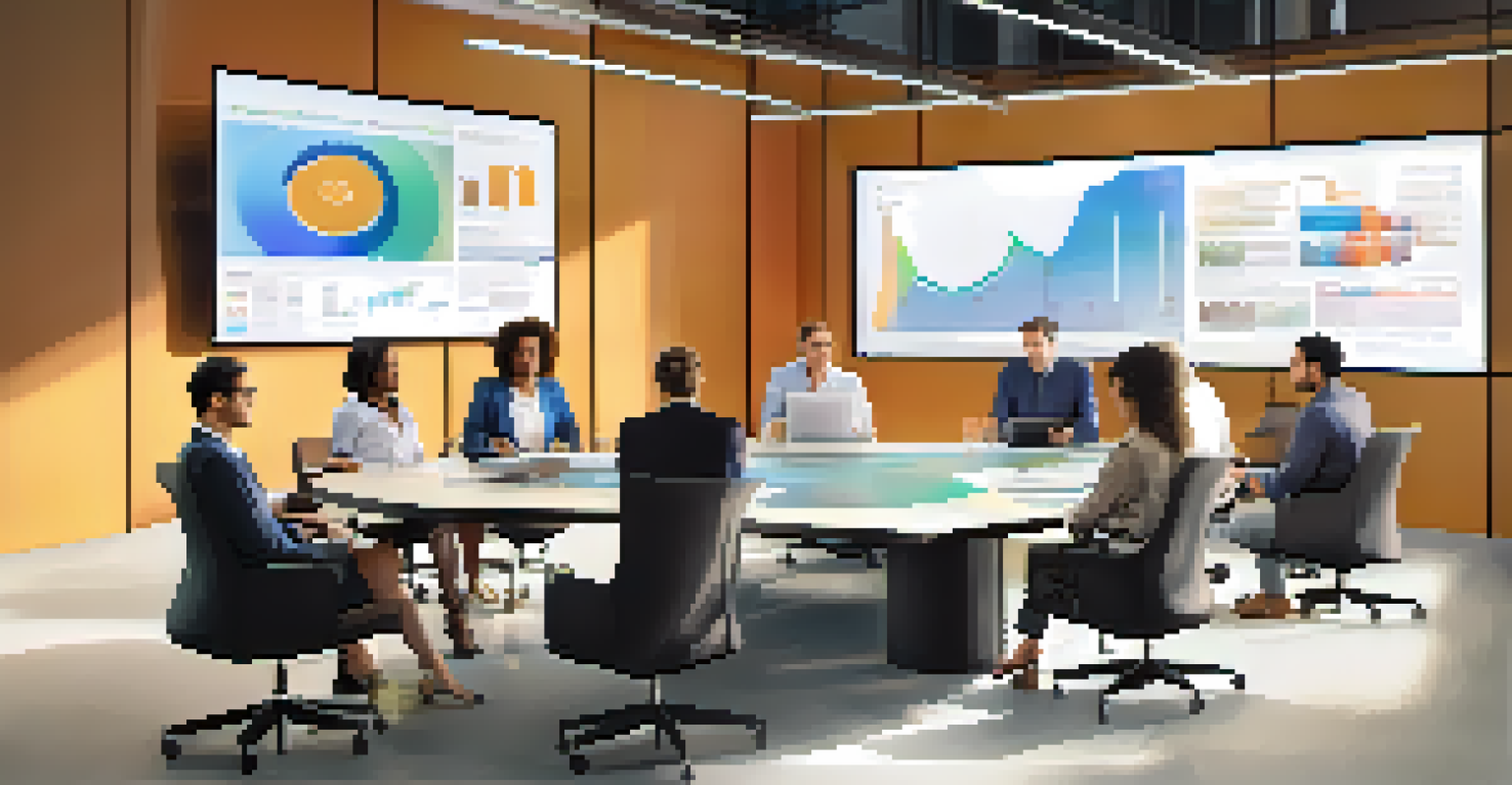 A diverse group of employees having a meeting around a conference table with a screen showing data.
