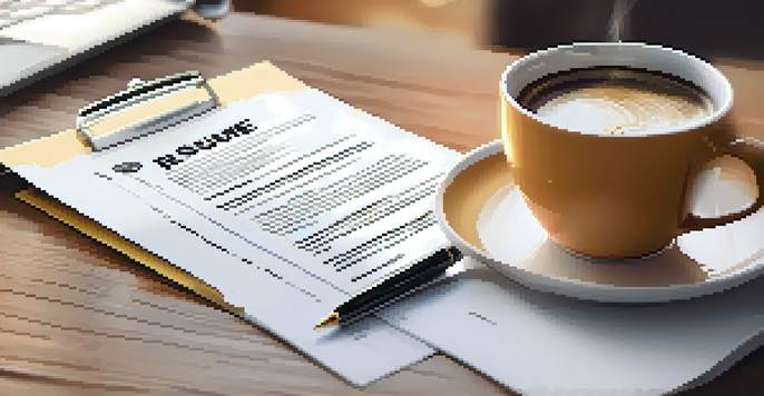 A detailed view of a resume on a wooden desk with a laptop, coffee cup, and notepad.