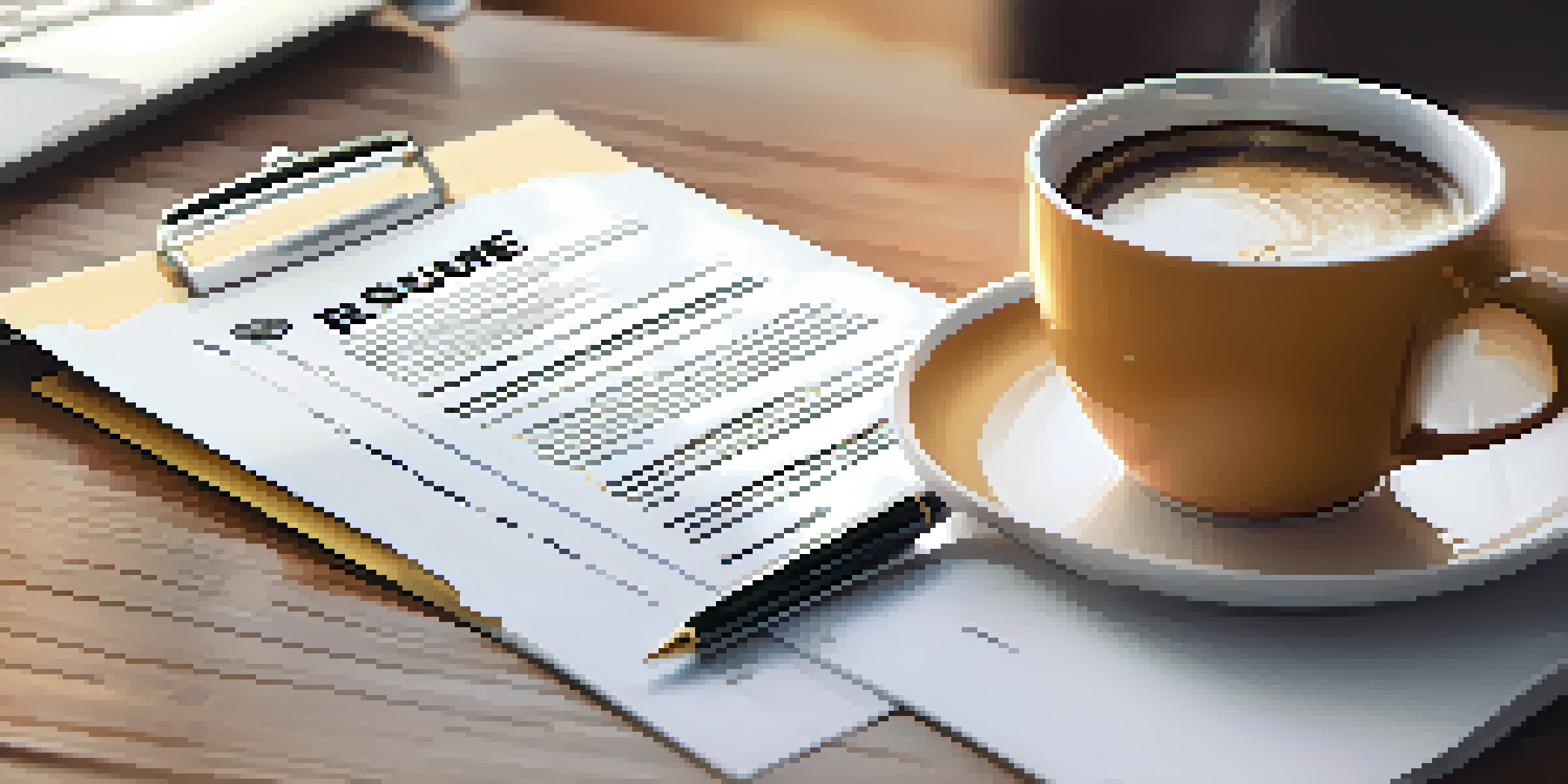 A detailed view of a resume on a wooden desk with a laptop, coffee cup, and notepad.