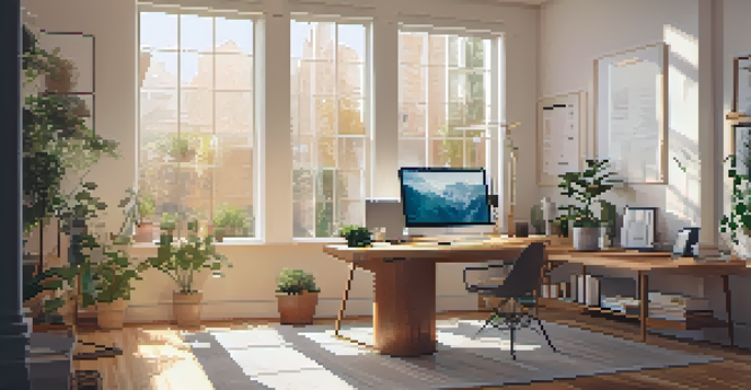A cozy home office with a wooden desk, an open laptop displaying budget spreadsheets, and a green potted plant, all bathed in soft natural light.