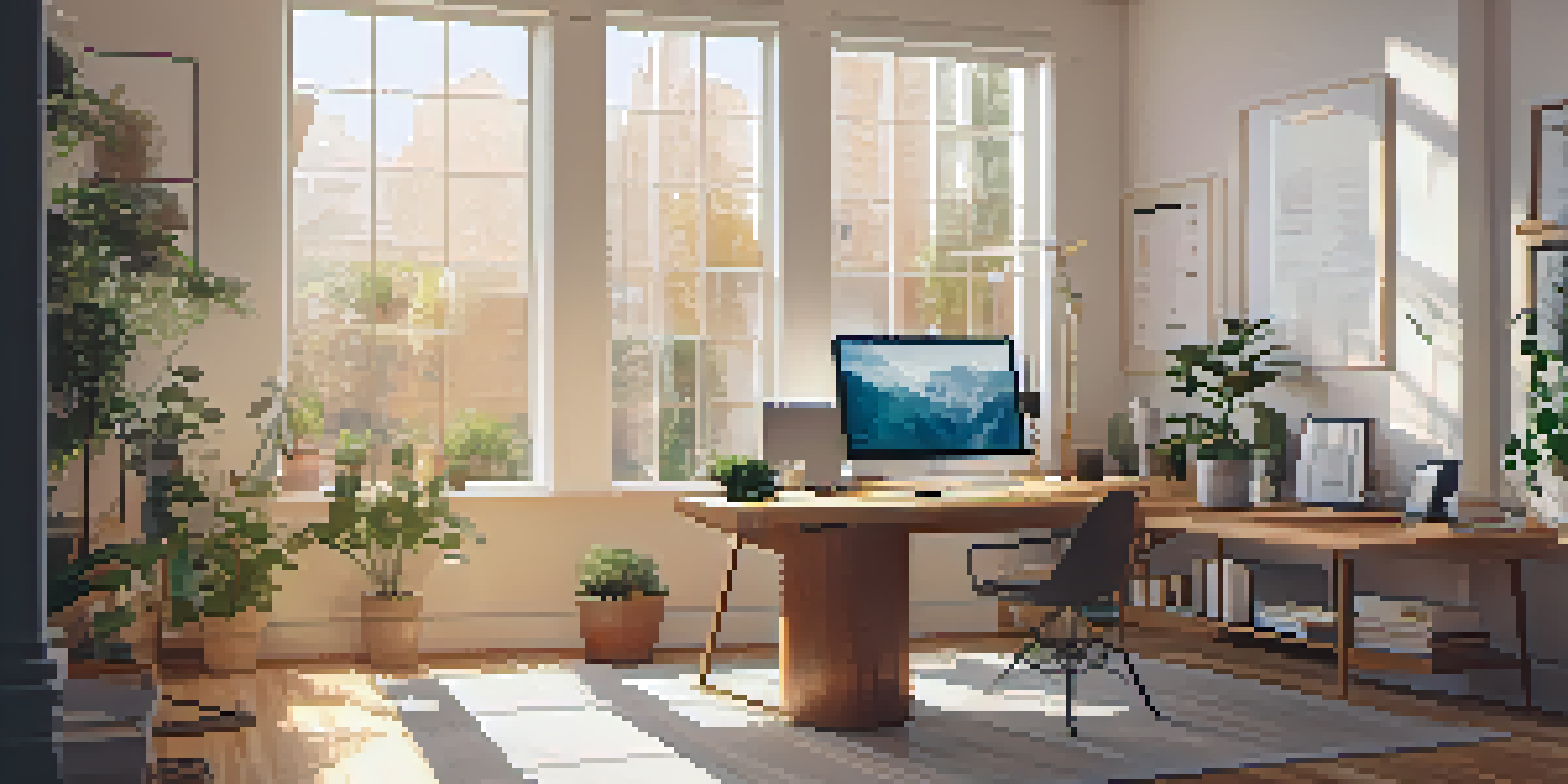 A cozy home office with a wooden desk, an open laptop displaying budget spreadsheets, and a green potted plant, all bathed in soft natural light.