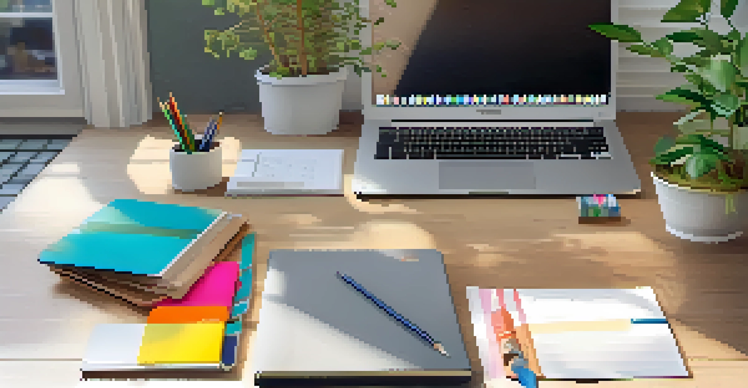 A cozy workspace with a laptop, notebooks, and a plant, bathed in natural light from a window.