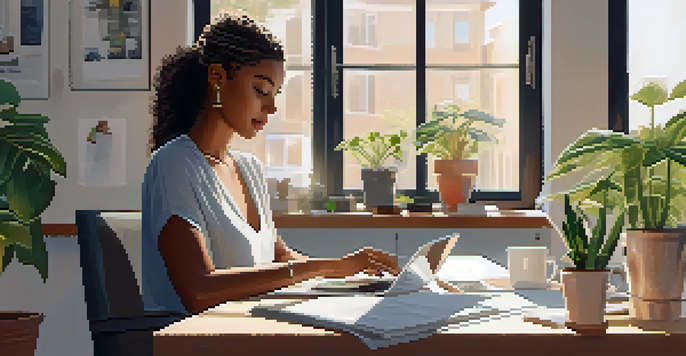 A professional woman working at a modern desk with a laptop, notepad, and coffee mug, in a bright room filled with plants.