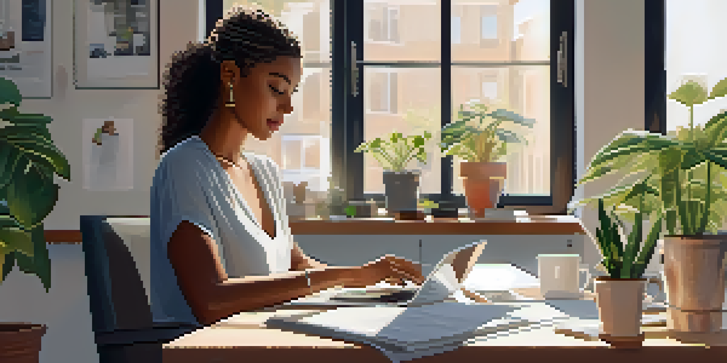 A professional woman working at a modern desk with a laptop, notepad, and coffee mug, in a bright room filled with plants.