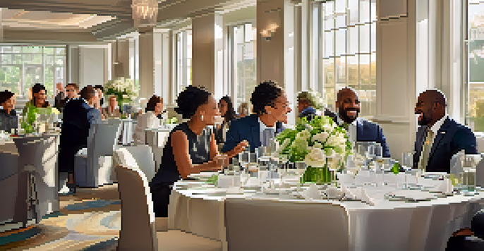 A lively networking event with diverse professionals talking, laughing, and exchanging business cards in a well-decorated venue.