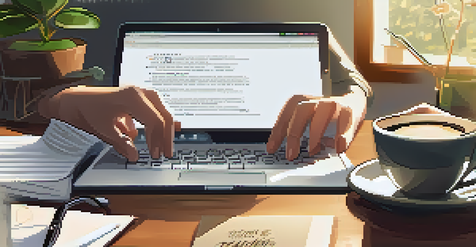 Close-up of hands typing on a laptop with a notepad and coffee cup on an organized desk.