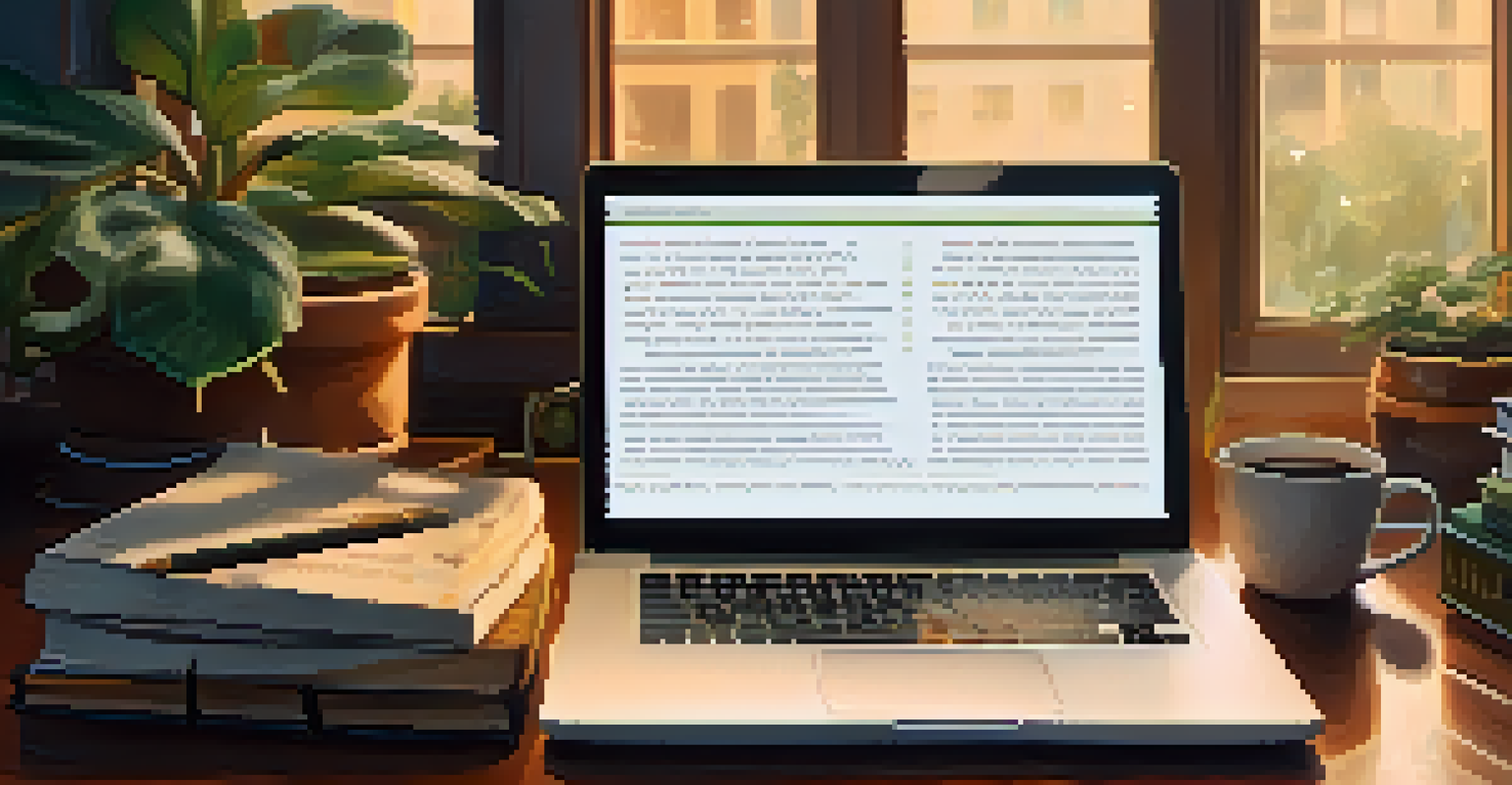 Close-up of hands typing on a laptop, surrounded by books and a cup of coffee in a cozy workspace.