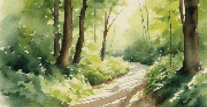 A peaceful forest scene with a winding path, sunlight shining through the trees, and a wooden signpost indicating various directions.