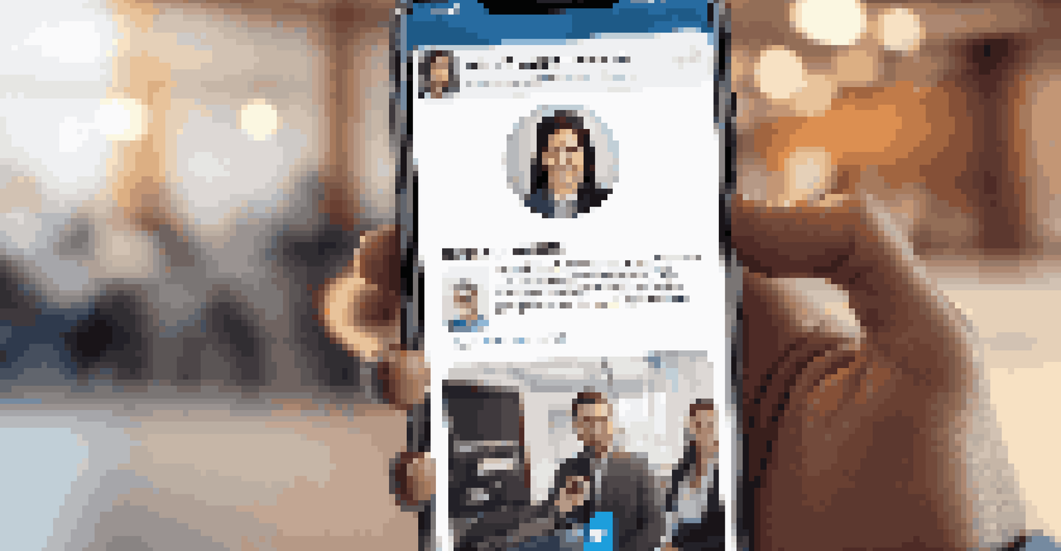 Close-up of a smartphone showing a LinkedIn profile in a blurred office setting, emphasizing social media's role in job searching.