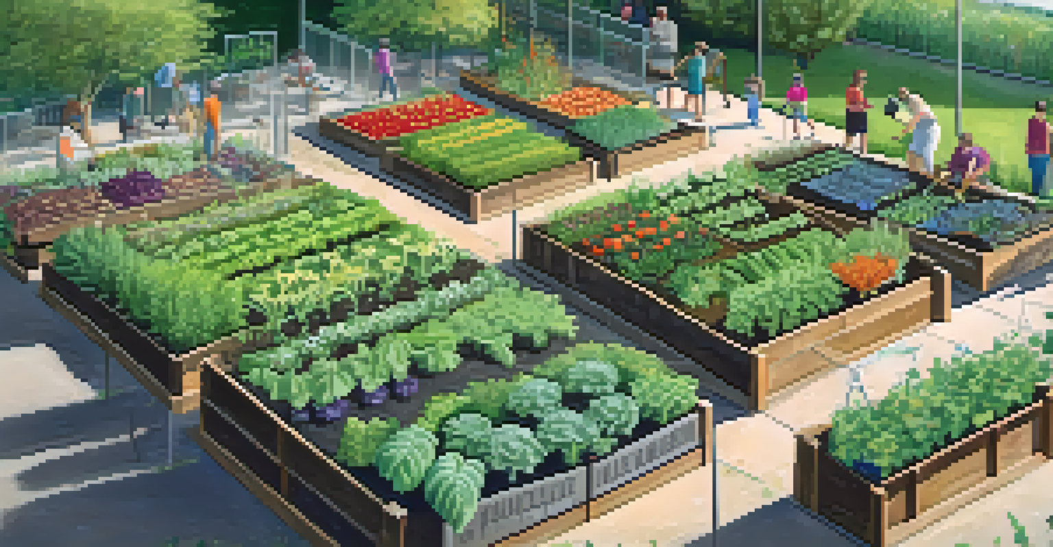 A close-up of a vibrant community garden with vegetables and flowers, highlighting sustainable gardening practices and community involvement.