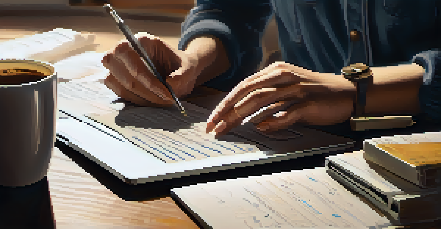 Close-up of hands typing on a laptop with notes and a coffee cup in a warm, inviting workspace.