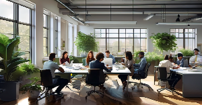 A group of diverse professionals discussing around a table in a well-lit office with plants and laptops.