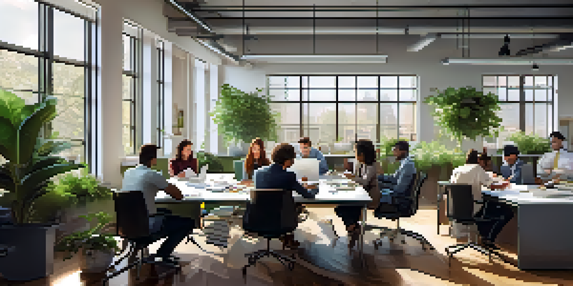 A group of diverse professionals discussing around a table in a well-lit office with plants and laptops.