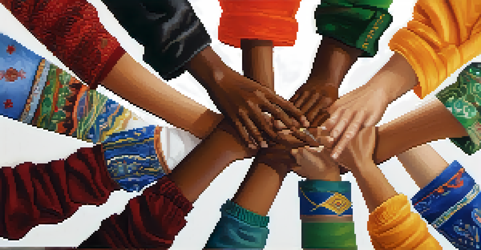 Close-up of diverse hands coming together on a colorful table, symbolizing unity and collaboration.