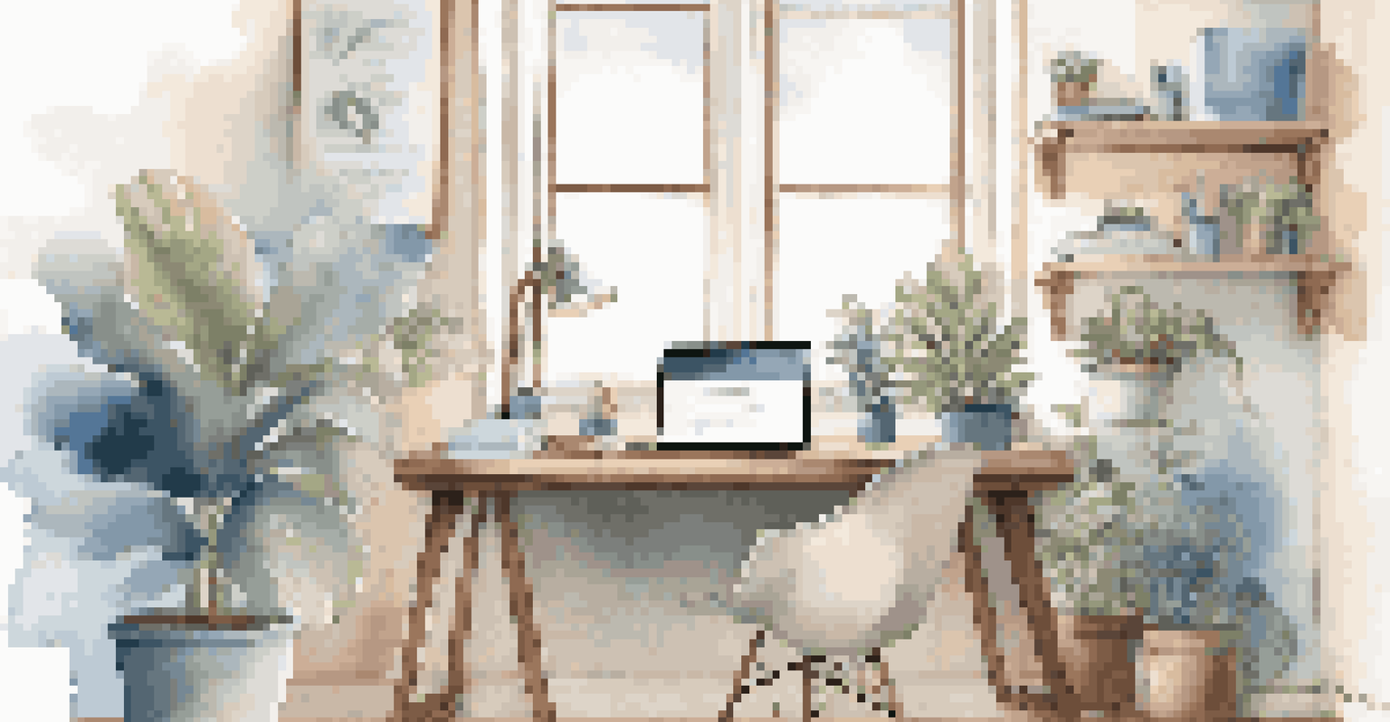 A modern desk workspace with a laptop, plant, and motivational wall art, illuminated by warm light.