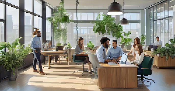 A group of diverse professionals in a bright office collaborating in a meeting with laptops and notepads.