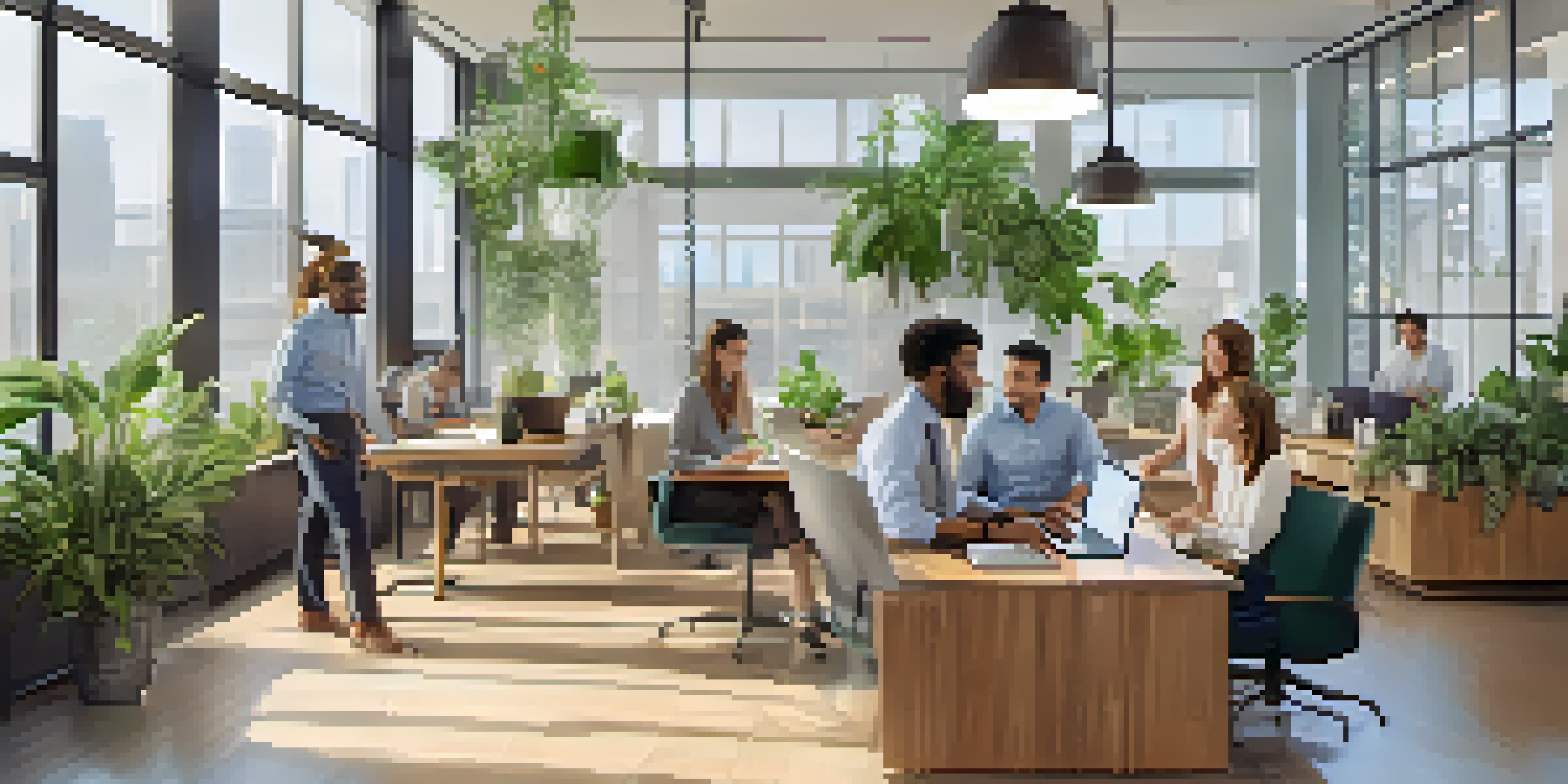 A group of diverse professionals in a bright office collaborating in a meeting with laptops and notepads.