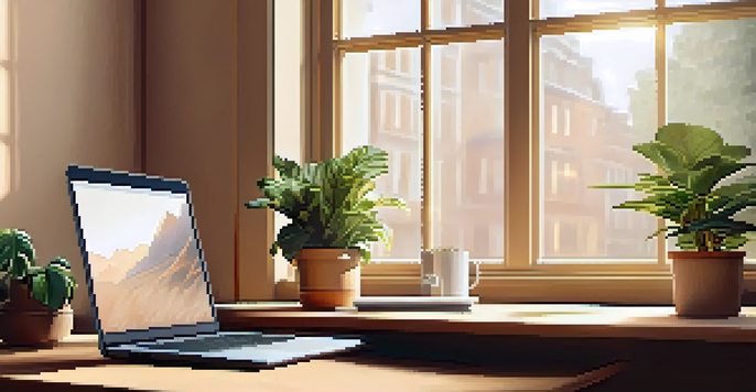 A cozy office workspace with a wooden desk, open laptop, coffee mug, potted plant, and a window with soft natural light.