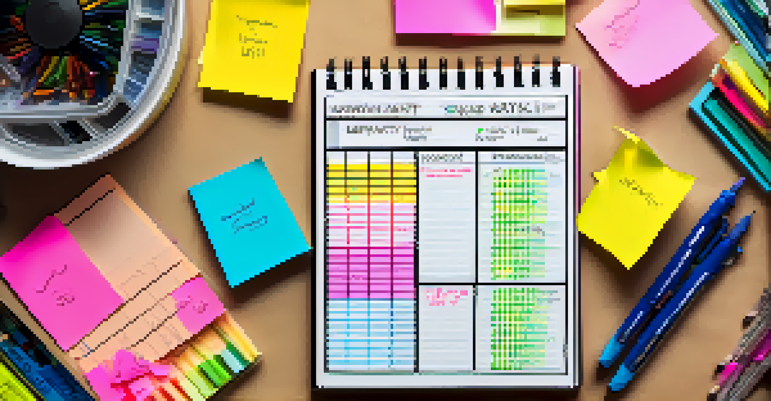 An overhead view of an organized workspace featuring a colorful Eisenhower Matrix with tasks categorized, surrounded by stationery.