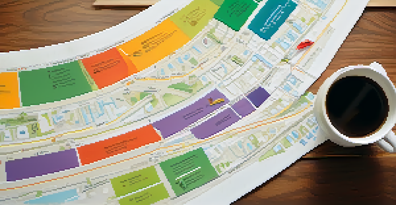 A close-up of a colorful roadmap on a table with a hand pointing at a career goal, next to a coffee cup and plant.