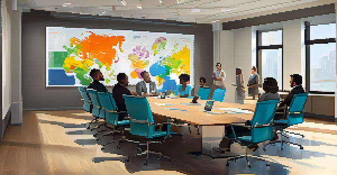 A diverse group of professionals in a meeting room discussing ideas around a conference table with charts on the whiteboard.