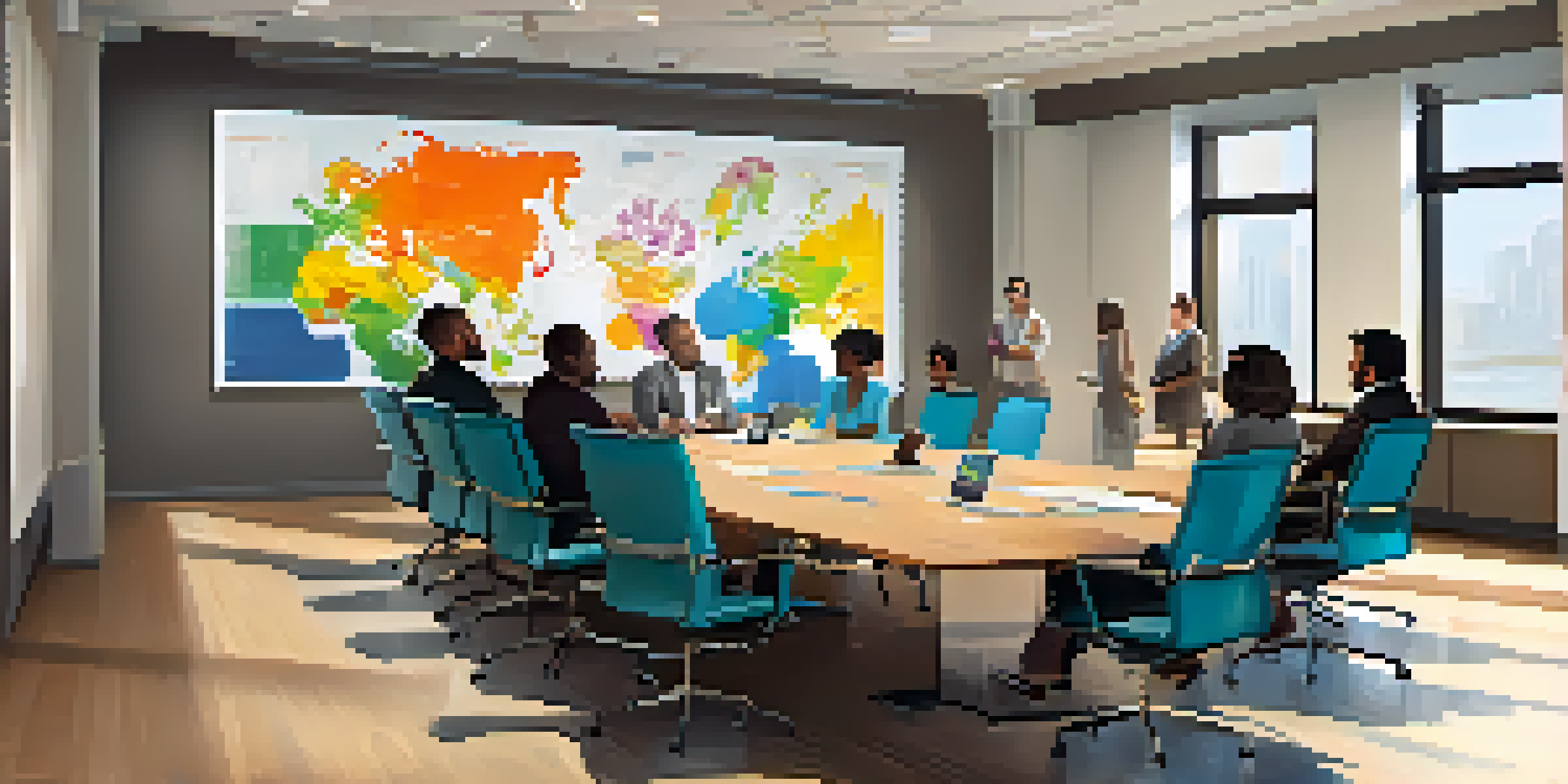 A diverse group of professionals in a meeting room discussing ideas around a conference table with charts on the whiteboard.