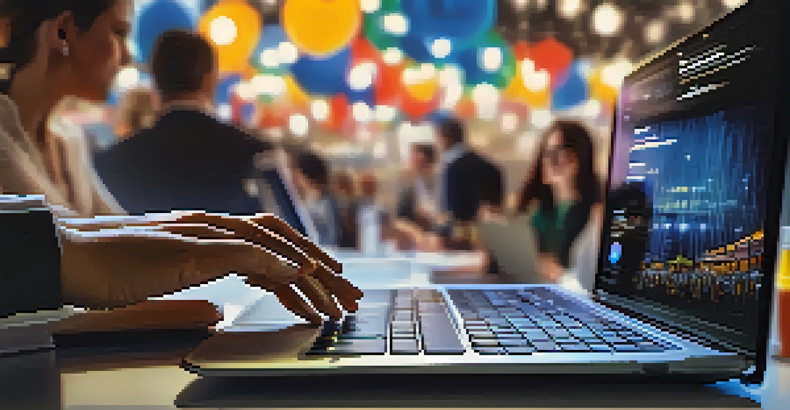 A close-up of a hand typing on a laptop at a networking event, with blurred figures in the background and soft hanging lights.