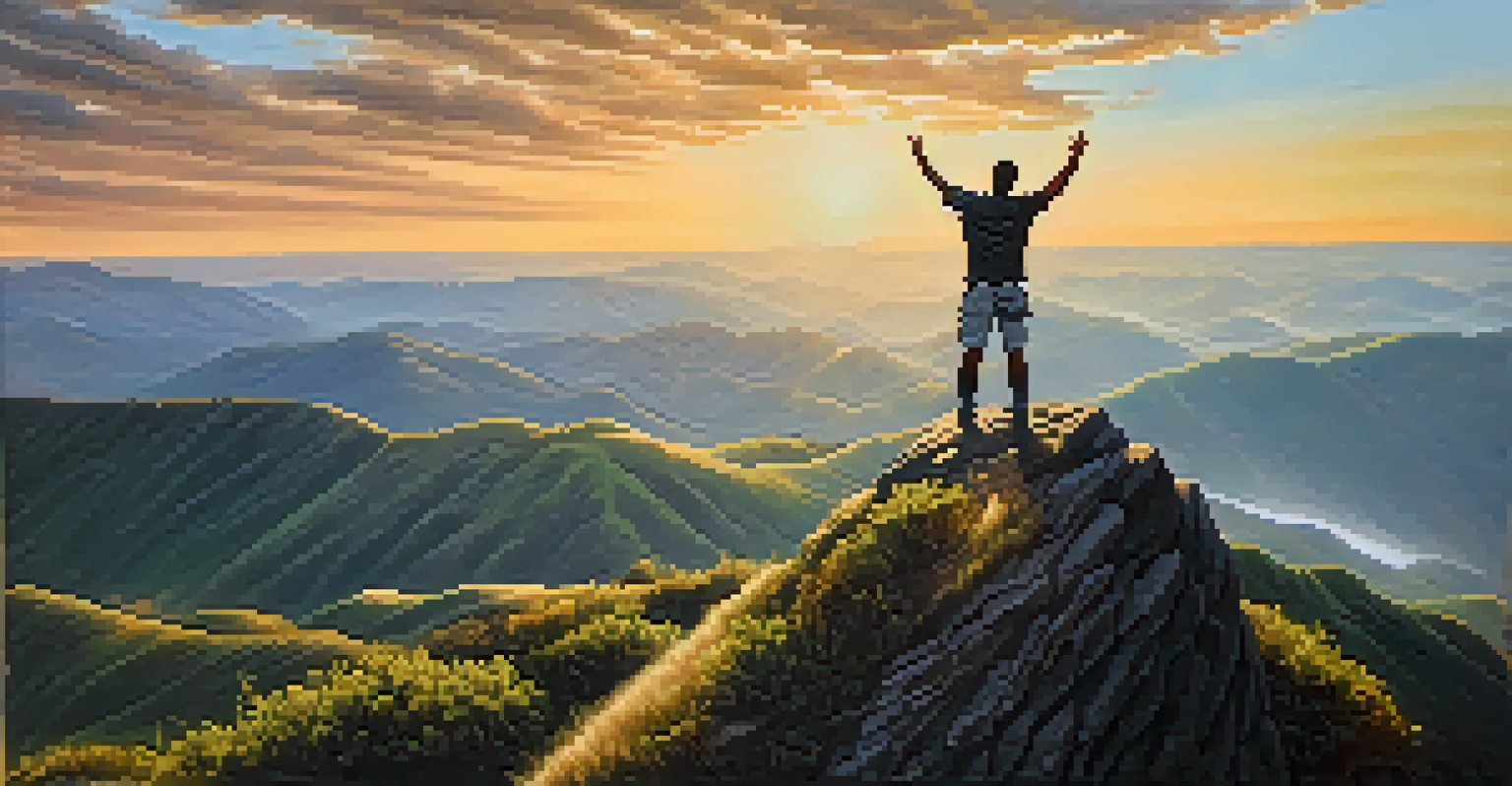 A person on a mountain peak at sunrise, celebrating resilience and growth with arms raised.