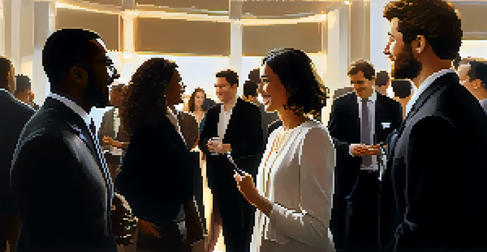 A group of diverse professionals engaging in conversation at a networking event, with one person smiling and displaying a confident posture.