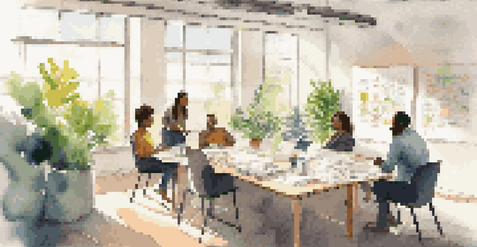 A diverse group of professionals discussing ideas in a bright office with plants and a whiteboard.