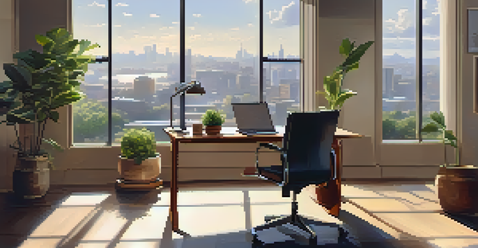 A bright office space with a view of the city, featuring a desk with a laptop and coffee, and a potted plant.