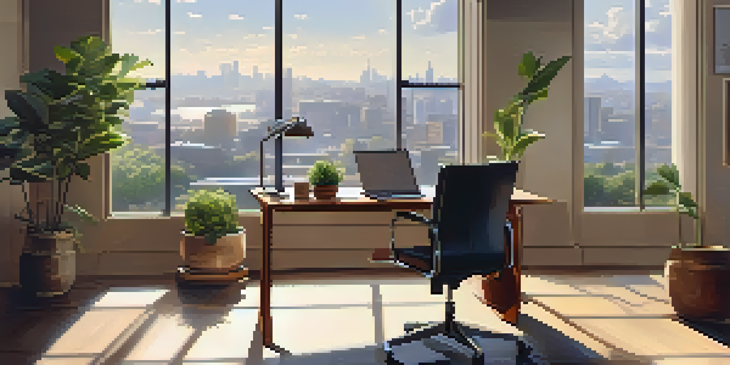 A bright office space with a view of the city, featuring a desk with a laptop and coffee, and a potted plant.
