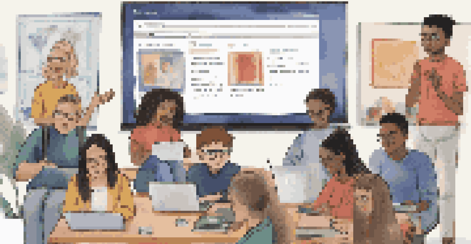 A diverse group of students in a virtual classroom, actively participating in an online coding lesson.