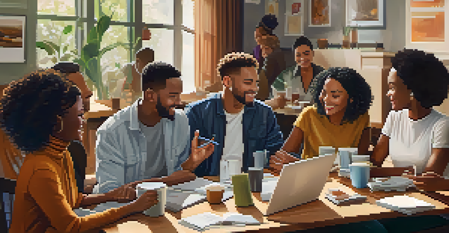 A diverse group of people in a café brainstorming together, with notebooks and coffee cups, illustrating the importance of a support network in career development.